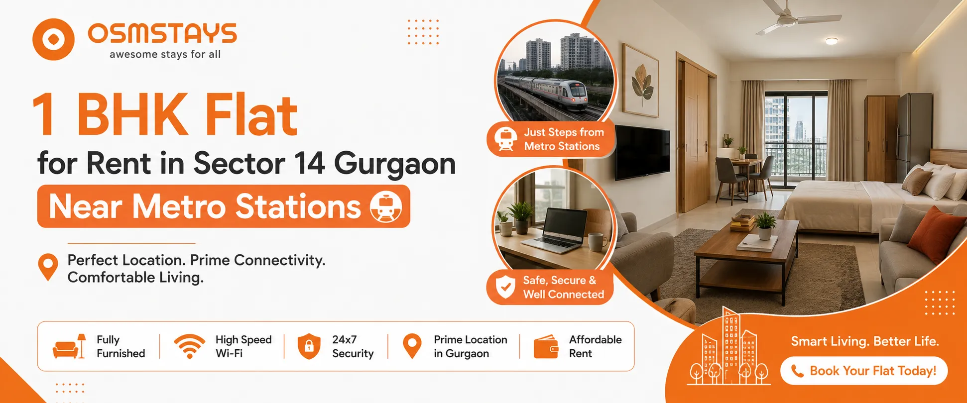 1 BHK Flat for Rent in Sector 14 Gurgaon Near Metro Stations
