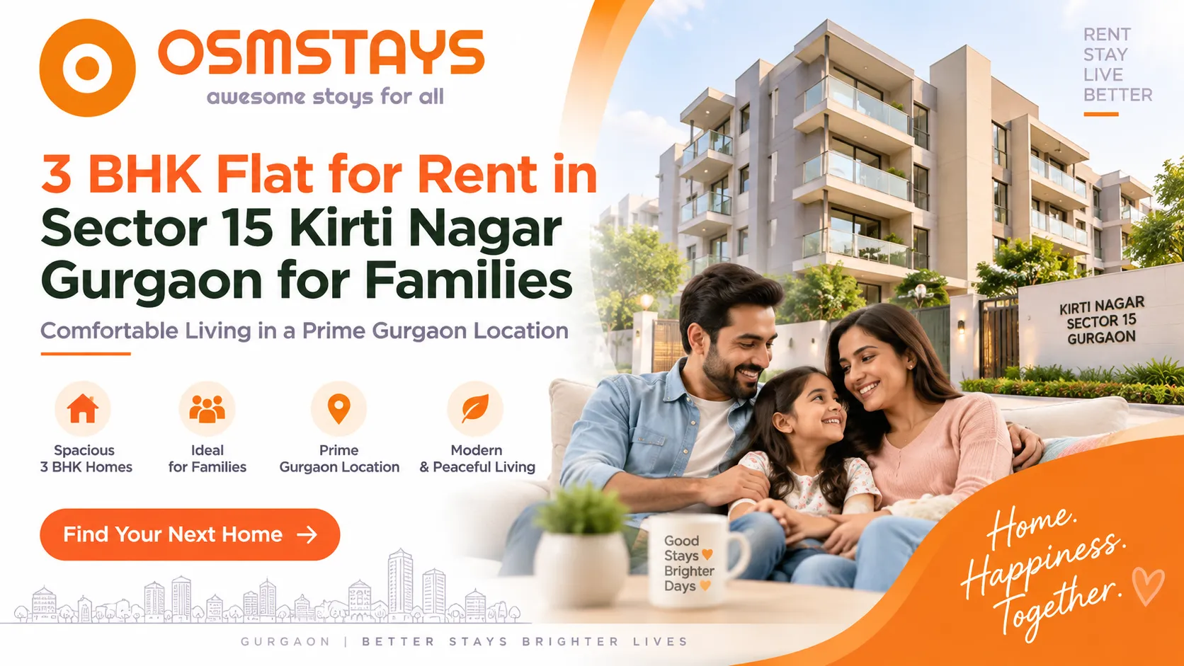 3 BHK Flat for Rent in Sector 15 Kirti Nagar Gurgaon for Families